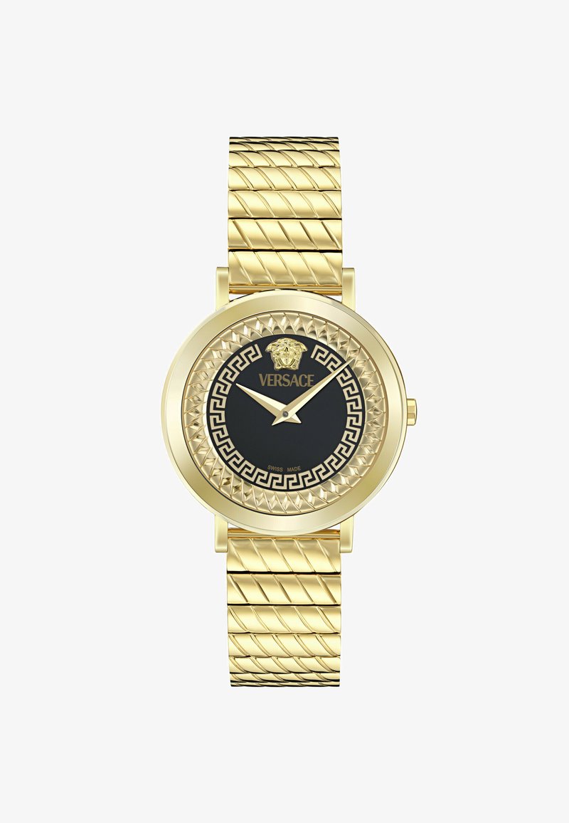 Goldfarbene Versace-Armbanduhr mit schwarzem Ziffernblatt, Medusa-Emblem, griechischem Schlüssel-Muster und strukturiertem Armband.