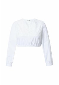 Blusa bianca cropped con maniche lunghe, caratterizzata da un pannello superiore in pizzo, scollatura rotonda e vita elasticizzata per una vestibilità strutturata.