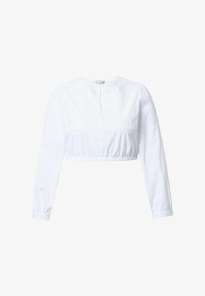 Hvid cropped bluse med lange ærmer, der har et øverste panel i blonde, rund halsudskæring og elastisk talje for en struktureret pasform.