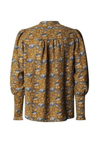 Braune Bluse mit Blumenmuster, gerafftem Rücken, langen Puffärmeln und blauen Blumenmustern. Hergestellt aus leichtem Stoff mit strukturierter Oberfläche.