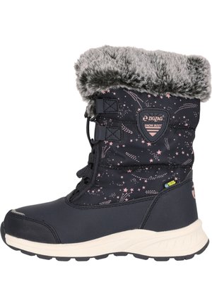 Dunkelblaue Schneestiefel mit Kunstfellbund, ausgestattet mit einem Sternenmuster, wasserdichtem Material und einer Gummisohle mit strukturiertem Grip.