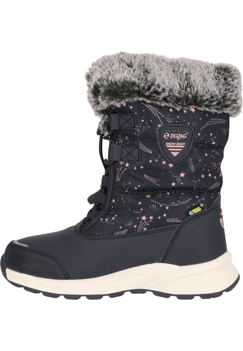 Dunkelblaue Schneestiefel mit Kunstfellbund, ausgestattet mit einem Sternenmuster, wasserdichtem Material und einer Gummisohle mit strukturiertem Grip.