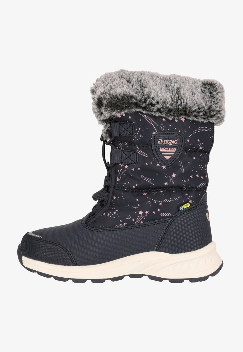 Donker marineblauwe sneeuwlaars met nepbont rand, voorzien van een sterrenprint, waterdicht materiaal en een rubberen zool met textuur voor grip.