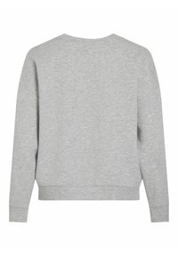 Pilkas džemperis su laisvu siluetu, ilgomis rankovėmis ir šonkauline apdaila. Pagamintas iš minkštos medžiagos, turi lygų paviršių be raštų.