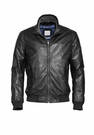 Zwarte leren jas met voorrits, geribbelde manchetten en zoom, opstaande kraag en twee zijzakken met ritssluiting, opengeklapt om de blauwe binnenvoering te tonen.