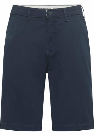 Navy blauwe katoenen shorts met een knoopsluiting, twee voorzakken en een eenvoudig ontwerp. Heeft contrasterende stiksels langs de naden.
