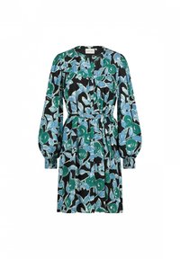 Blumenkleid mit schwarzem Hintergrund, das blaue und grüne Blumenmuster zeigt. Lange, gepuffte Ärmel und ein gebundener Taillendetail.