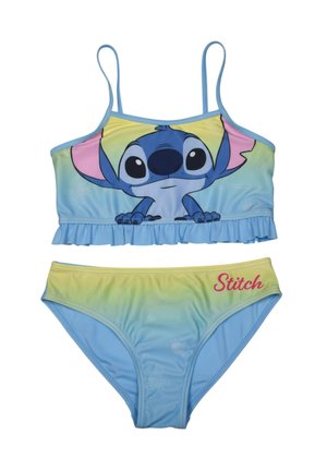 Zweiteiliger Kinder-Badeanzug mit blau-gelbem Farbverlauf, mit der Cartoon-Figur Stitch auf dem Oberteil und dem Schriftzug "Stitch" auf dem Unterteil.
