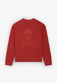Rode sweatshirt met ronde hals en een glinsterende doodskop en gekruiste botten graphic op de achterkant. Voorzien van raglanmouwen en geribbelde boorden en onderkant.