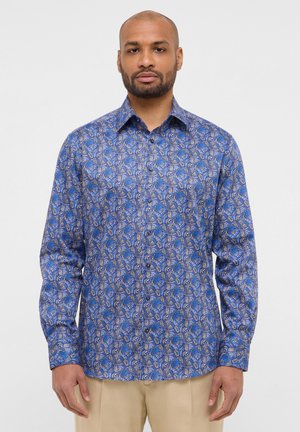 Blaues Langarmhemd mit Paisleymuster in Creme- und Brauntönen, aus glattem Stoff und mit Button-Down-Kragen.