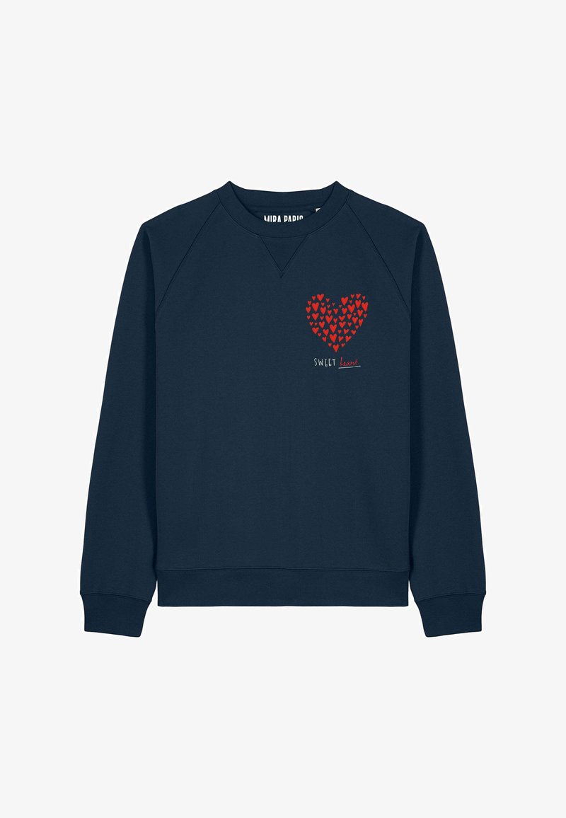 Felpa blu navy a maniche lunghe con un cuore rosso composto da cuori più piccoli e la scritta "Sweet heart" sul petto a sinistra.