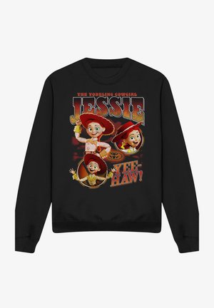 Black sweatshirt featuring three animated girls in red cowgirl hats with text "The Yodeling Cowgirl Jessie" and "Yee-Haw!" in western-style font.