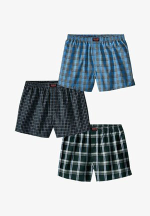Three pairs of men's boxers: blue plaid, black plaid, and green plaid. Each features an elastic waistband and a loose fit.