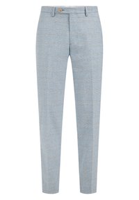 Světlé modré slim-fit kalhoty s jemným kostkovaným vzorem, předním zapínáním na knoflík a s poutky na opasek.