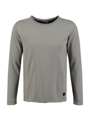 Lange mouw shirt in lichtgrijs, gemaakt van zachte stof. Heeft een ronde halslijn en een klein zwart label aan de onderkant van de zijnaad.