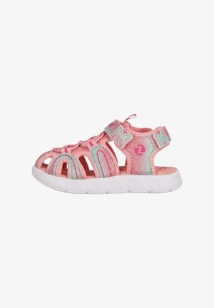 Rosa und hellblaue Sport-Sandalen mit offenem Design, strukturierten Riemen und verstellbarem Klettverschluss. Gummisohle für Rutschfestigkeit und Komfort.