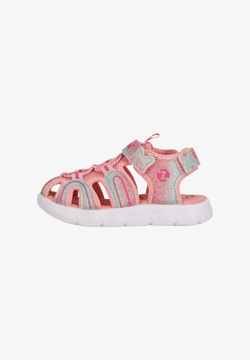 Pink and light blue athletic sandal with open design, textured straps, and adjustable Velcro closure. Rubber sole for grip and comfort.
