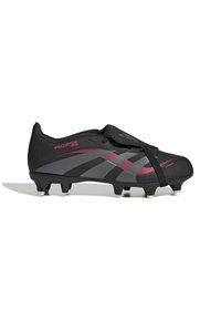 Schwarze Fußballschuhe mit grauen Akzenten und roten Streifen. Sie verfügen über ein schlankes Design, eine strukturierte Oberseite und geformte Stollen für Traktion auf Kunstrasen.
