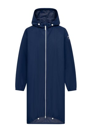Impermeabile lungo blu navy con cappuccio, zip frontale, polsini elastici e coulisse regolabili all'orlo.