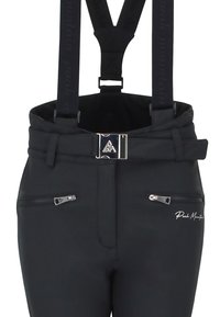 Zwarte skibroek met verstelbare bretels, een voorzak met ritssluiting en een zilveren gesp. Kenmerkt zich door een gladde textuur en subtiele branding.