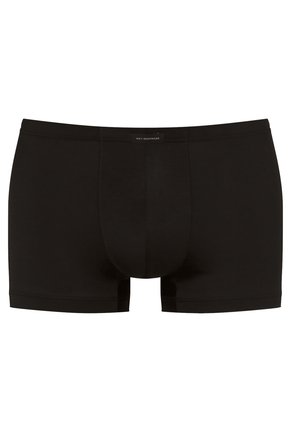 Boxer shorts en coton noir avec un design ajusté, dotés d'une taille confortable et d'une pochette pour un bon maintien. Texture lisse avec des coutures minimales.
