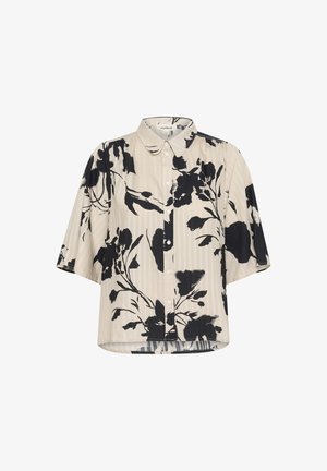 Korte mouwen shirt in beige met zwart bloemenpatroon, met een knoopsluiting aan de voorkant en een iets losse pasvorm, gemaakt van een gestructureerde stof.