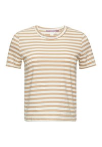 Ribadeega T-särk lühikeste varrukatega, millel on beeži ja valge horisontaalne triip, ümmargune kaelus ja pehme kangas.