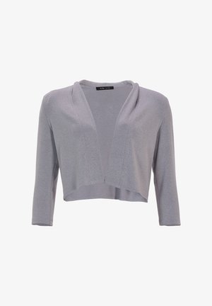 Grå cropped cardigan med en blød, tekstureret overflade, åbent front og 3/4 ærmer. Har en subtil glans i hele stoffet.