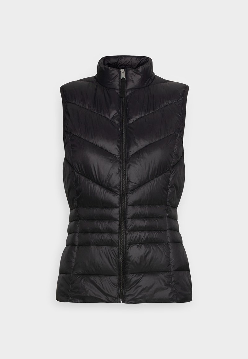 Veste sans manches noire matelassée avec un col montant et une fermeture éclair centrale, présentant des motifs horizontaux et en chevron.
