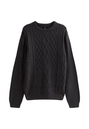 Dark gray knitted sweater featuring a cable pattern with diamond shapes, round neck, and long sleeves. The texture appears soft and dense.