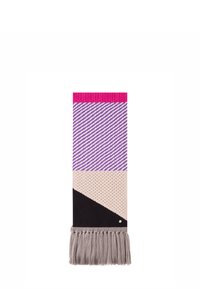 Écharpe tissée multicolore avec des motifs en violet, rose et noir, présentant une finition texturée et une frange grise en bas.