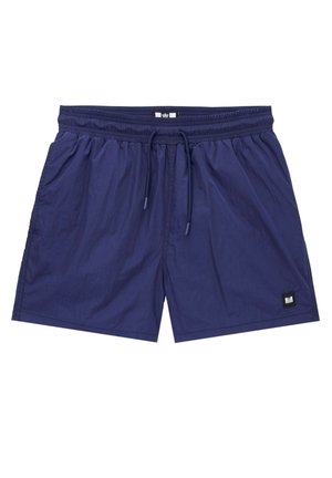 Marineblaue Herren-Badeshorts mit elastischem Bund, verstellbarem Kordelzug, Seitentaschen und einem kleinen schwarzen Logo-Patch am linken Bein.