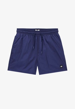 Marineblaue Herren-Badeshorts mit elastischem Bund, verstellbarem Kordelzug, Seitentaschen und einem kleinen schwarzen Logo-Patch am linken Bein.