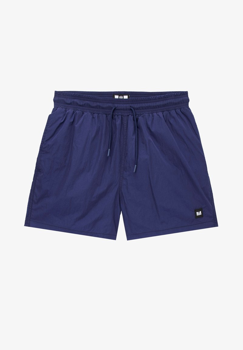 Marineblaue Herren-Badeshorts mit elastischem Bund, verstellbarem Kordelzug, Seitentaschen und einem kleinen schwarzen Logo-Patch am linken Bein.