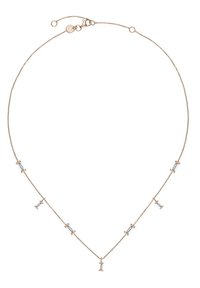 Collier délicat en or rose avec une fine chaîne et cinq accents en cristal rectangulaires de tailles alternées. Longueur ajustable avec fermoir.