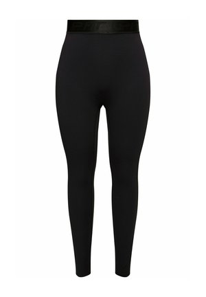Schwarze Leggings aus elastischem Material, mit einem hohen, elastischen Bund und subtiler Markenkennzeichnung. Glatte Textur, figurbetonendes Design.
