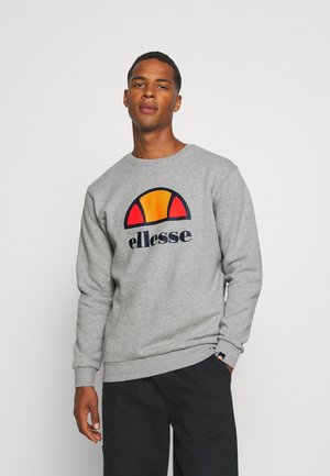 Grauer Sweatshirt mit rundem Ausschnitt, ausgestattet mit einem bunten Logo in Orange und Rot. Weicher Stoff, gerippte Bündchen und Saum, lockere Passform.