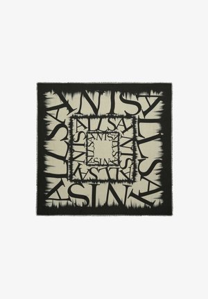Black and cream patterned scarf featuring oversized text in a circular design, with frayed edges and a soft textile texture.