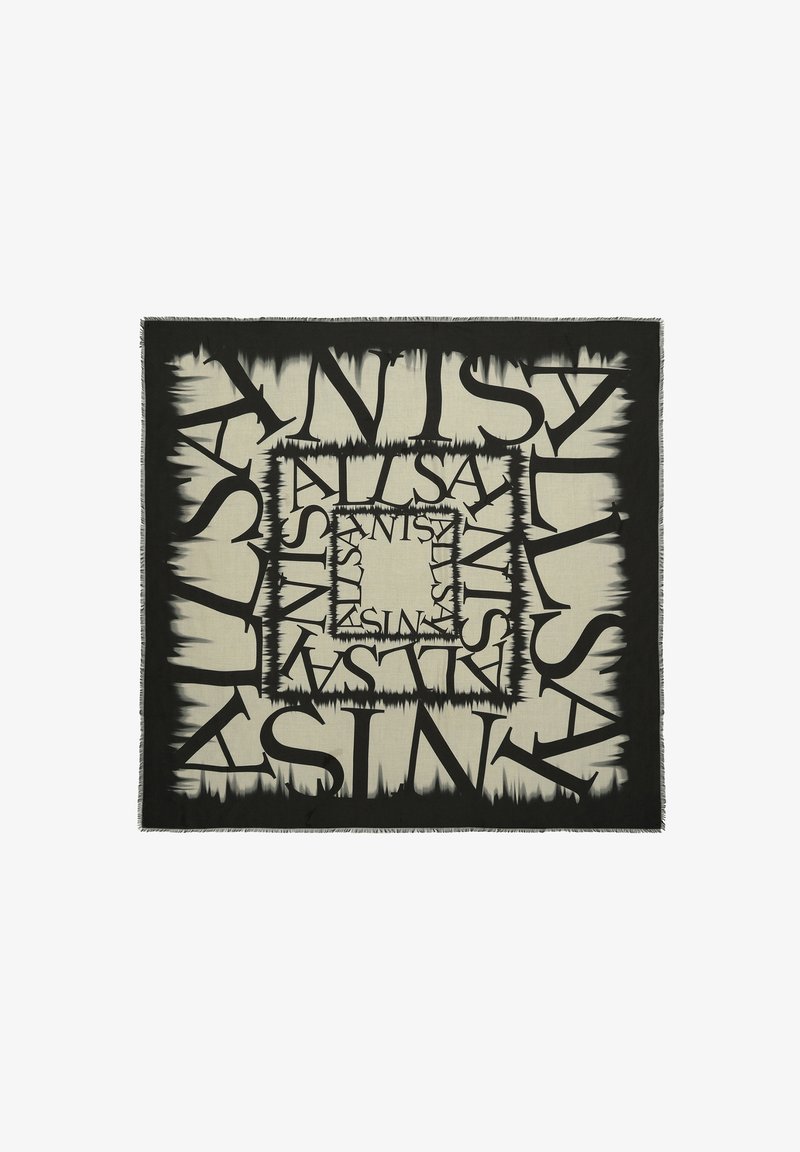 Black and cream patterned scarf featuring oversized text in a circular design, with frayed edges and a soft textile texture.