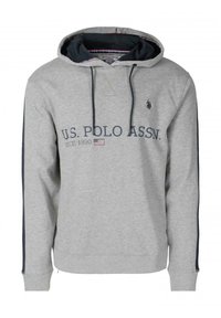 Šedá mikina s navy akcenty, kapucí na stahování a přední kangaroo kapsou. Obsahuje logo a text U.S. Polo Assn. Měkká textilie.