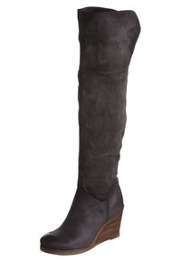 Bottes montantes au-dessus du genou en daim gris foncé à la texture douce, avec un design décontracté et un talon compensé en bois.