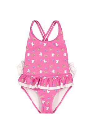 Bañador rosa para niña pequeña con patrones de unicornio, arcoíris y palmeras, con tirantes cruzados en los hombros y falda con volantes con lazos blancos a los lados.