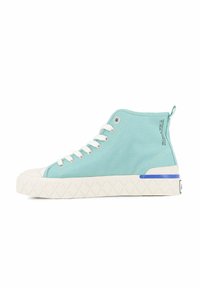 Türkise High-Top-Sneaker mit Obermaterial aus Canvas, weißer Gummikappe und Sohle, tonalem Schnürsenkel und blauen Akzenten entlang der Mittelsohle.