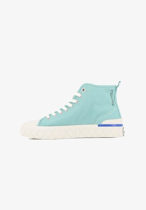 Turquoise high-top sneaker with canvas upper, white rubber toe cap and sole, tonal lacing, and blue accent along the midsole.