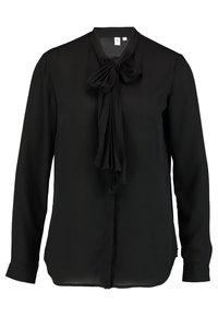Svart långärmad blus i ett lättviktigt tyg. Har en knytning vid kragen och en rak skärning med en subtil lyster.
