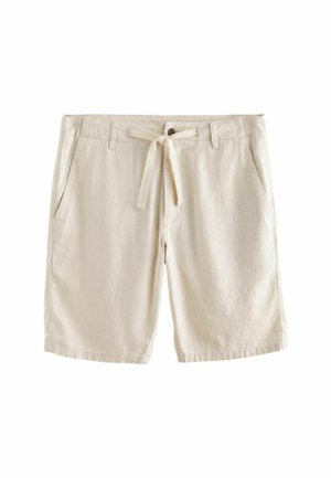 Pantaloni corti in cotone beige con vita elasticizzata e cordino. Presentano due tasche laterali e una chiusura a bottone sul davanti.