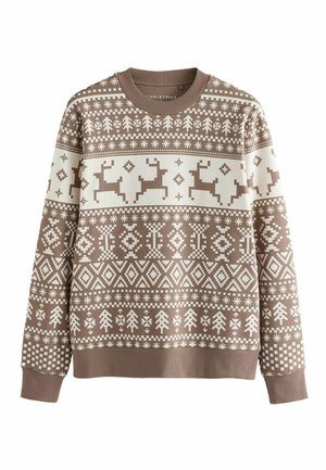 Brown sweater with white reindeer and tree patterns. Features knitted texture, round neck, and ribbed cuffs and hem.