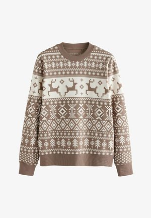 Brauner Pullover mit weißen Mustern von Rentieren und Tannenbäumen. Verfügt über eine gestrickte Textur, runden Hals und gerippte Bündchen und Saum.
