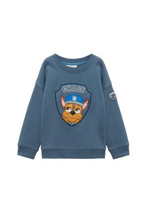 Blå børne-sweatshirt med tegneserie-hundebamse iført politihat og teksten "CHASE" på brystet samt pote-patch på ærmet.