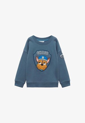 Blauer Kinder-Sweatshirt mit zeichentrickhafter Hundefigur, die eine Polizeimütze trägt, und dem Schriftzug „CHASE“ auf der Brust sowie einem Pfotenabzeichen am Ärmel.